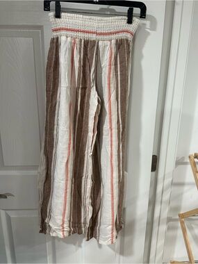 Vanilla Star Cream, Brown & Coral Striped Wide-Leg Pants